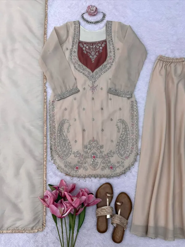 Cream_Shimmer_Fabric_Embroidered_Straight_Kurta_Sharara_Dupatta_Set_For_Women