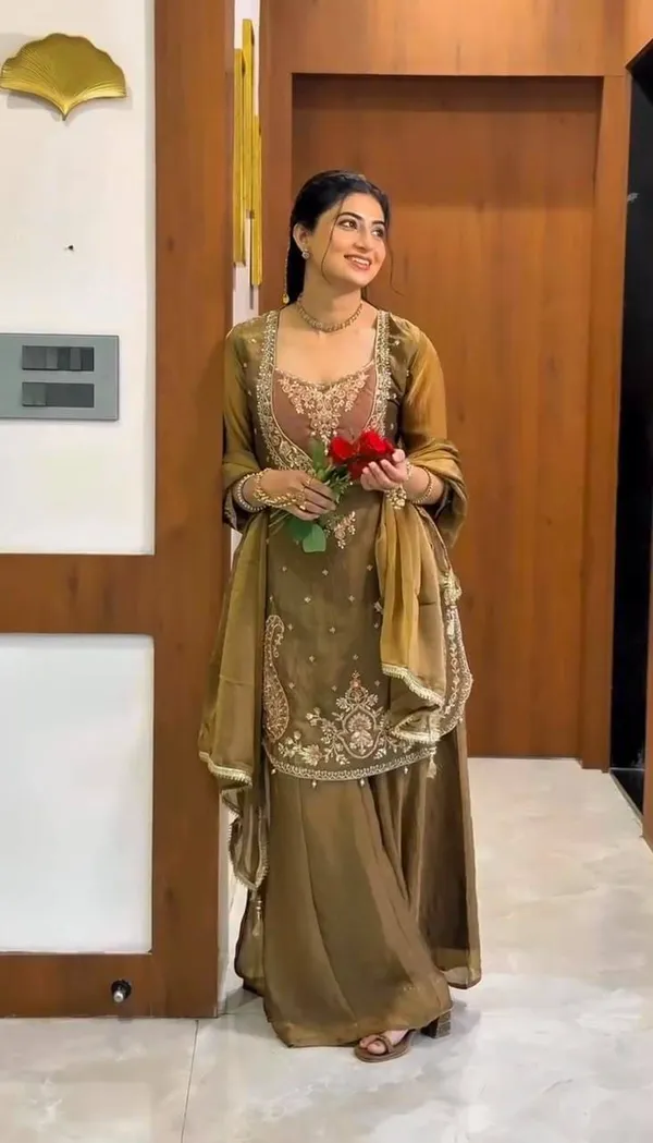 Brown_Shimmer_Embroidered_Kurta_Palazzo_Dupatta_Set_For_Women