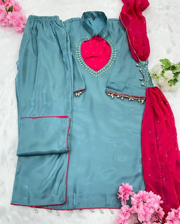 Teal_Roman_Glass_Silk_Embellished_Kurta_Palazzo_Dupatta_Set_For_Women
