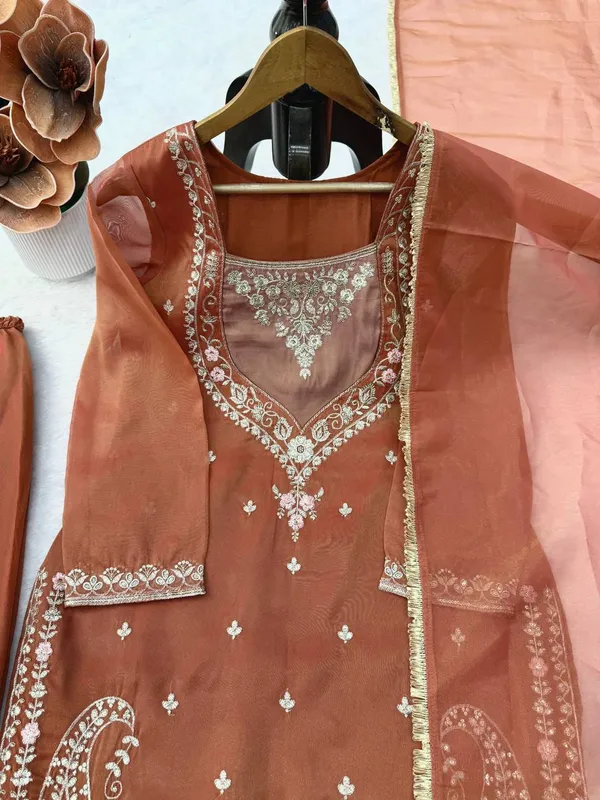 Rust_Shimmer_Fabric_Embroidered_Straight_Kurta_Palazzo_Dupatta_Set_For_Women