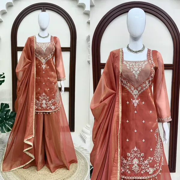 Rust_Shimmer_Fabric_Embroidered_Straight_Kurta_Palazzo_Dupatta_Set_For_Women