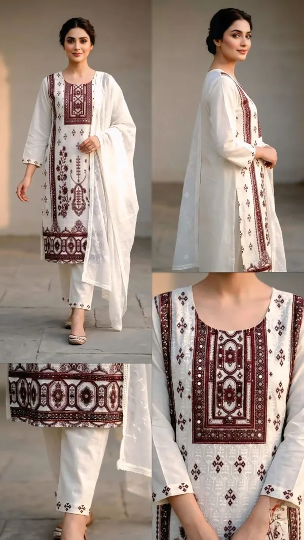 White_Heavy_Pc_Cotton_Straight_Kurta_Bottom_Dupatta_Set_For_Women