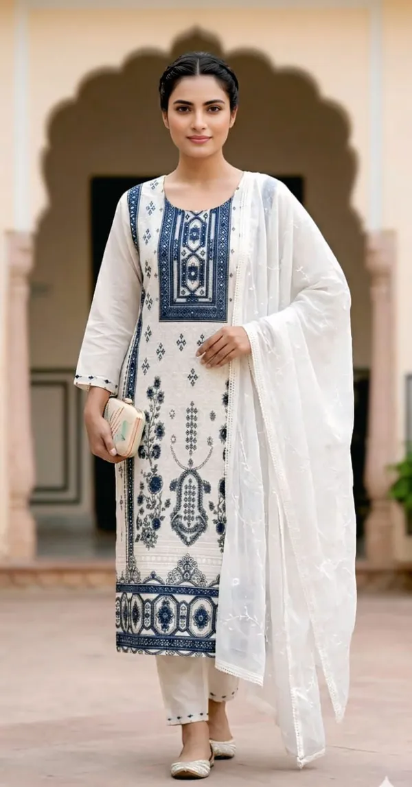 White_Heavy_Pc_Cotton_Embroidered_Straight_Kurta_Bottom_Dupatta_Set_For_Women