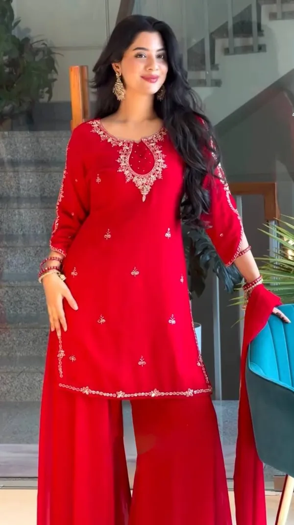 Red_Faux_Georgette_Embroidered_Kurta_Palazzo_Dupatta_Set_For_Women