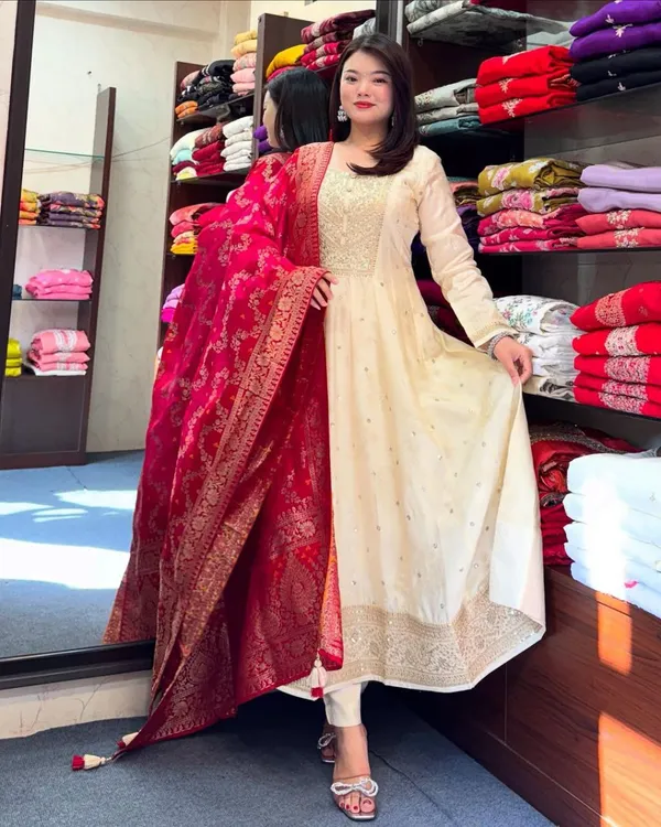 Cream_Banana_Silk_Embroidered_Anarkali_Kurta_Pant_Dupatta_Set_For_Women