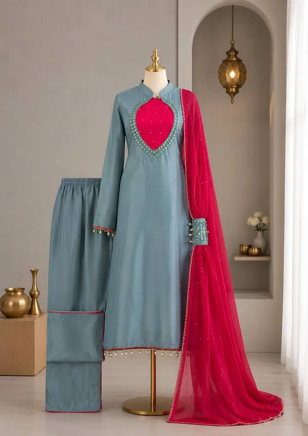 Teal_Roman_Glass_Silk_Embellished_Kurta_Palazzo_Dupatta_Set_For_Women