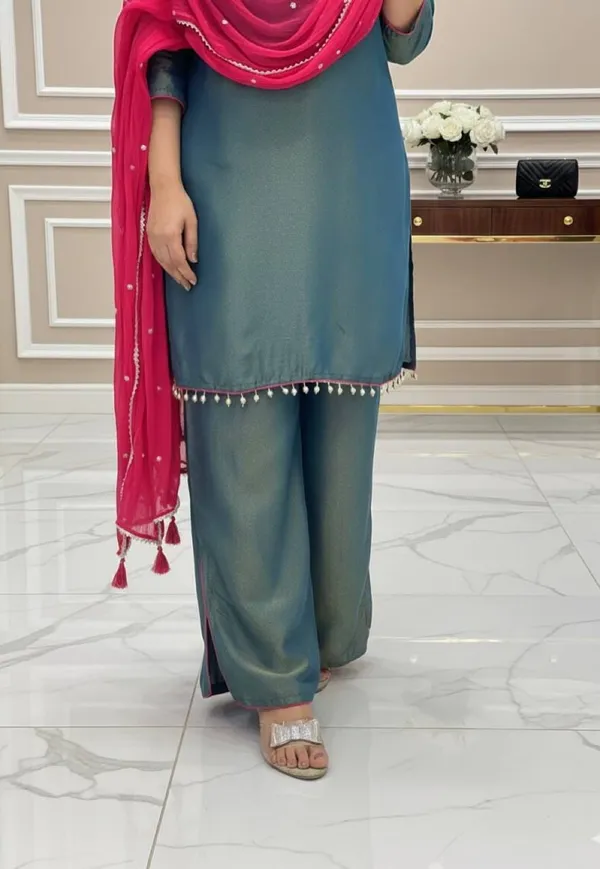 Teal_Roman_Glass_Silk_Embellished_Kurta_Palazzo_Dupatta_Set_For_Women