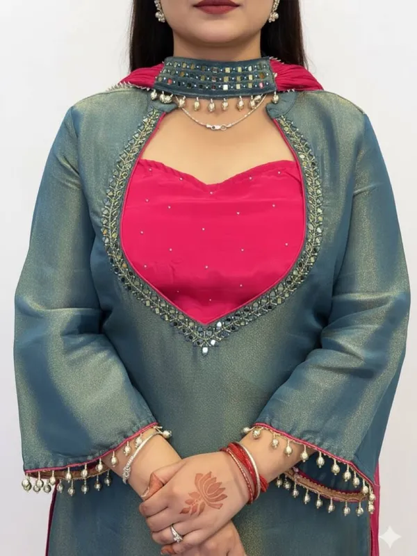 Teal_Roman_Glass_Silk_Embellished_Kurta_Palazzo_Dupatta_Set_For_Women