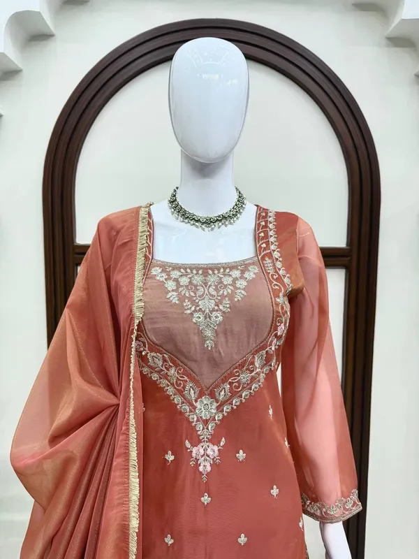 Rust_Shimmer_Fabric_Embroidered_Straight_Kurta_Palazzo_Dupatta_Set_For_Women