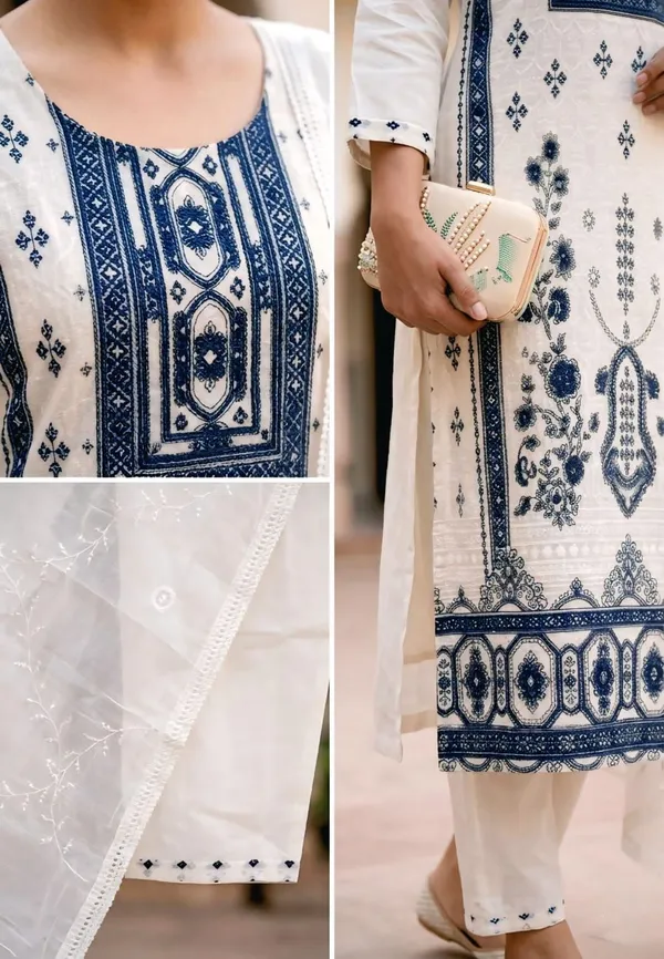 White_Heavy_Pc_Cotton_Embroidered_Straight_Kurta_Bottom_Dupatta_Set_For_Women