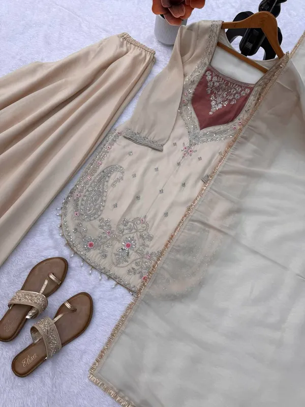 Cream_Shimmer_Fabric_Embroidered_Straight_Kurta_Sharara_Dupatta_Set_For_Women