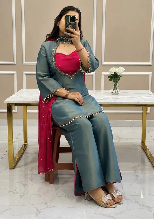 Teal_Roman_Glass_Silk_Embellished_Kurta_Palazzo_Dupatta_Set_For_Women