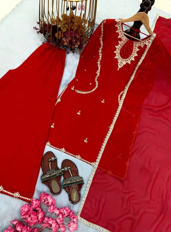 Red_Faux_Georgette_Embroidered_Kurta_Palazzo_Dupatta_Set_For_Women