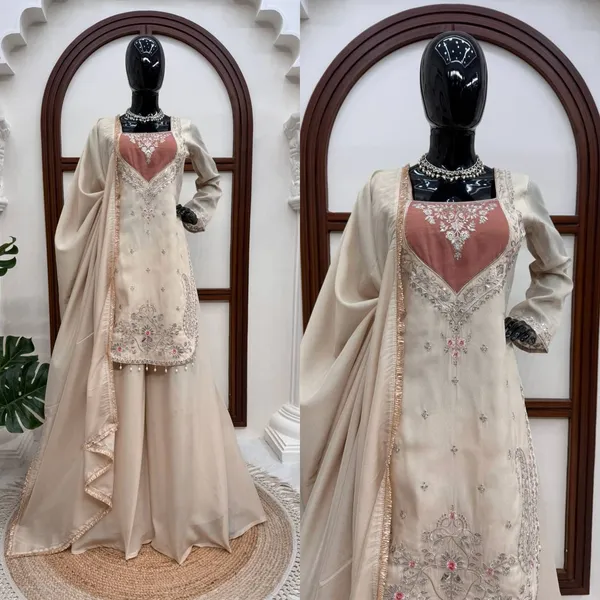 Cream_Shimmer_Fabric_Embroidered_Straight_Kurta_Sharara_Dupatta_Set_For_Women
