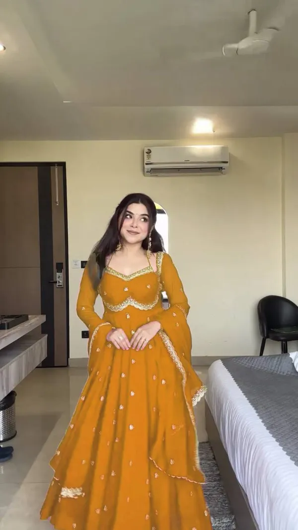 Mustard_Faux_Georgette_Embellished_Anarkali_Pant_Dupatta_Set_For_Women