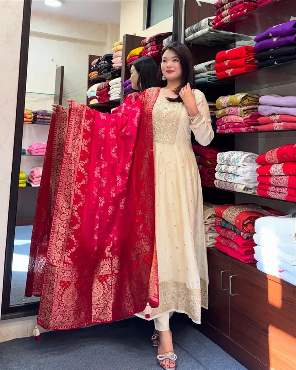 Cream_Banana_Silk_Embroidered_Anarkali_Kurta_Pant_Dupatta_Set_For_Women
