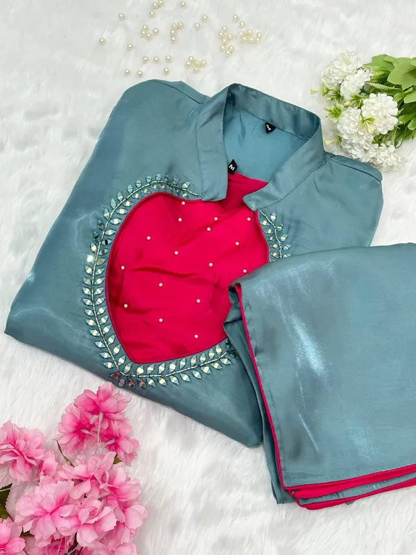 Teal_Roman_Glass_Silk_Embellished_Kurta_Palazzo_Dupatta_Set_For_Women