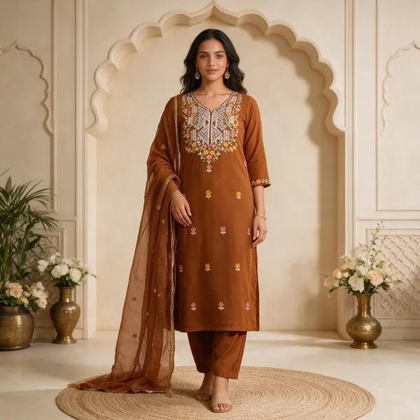 Brown_Roman_Silk_Embroidered_Straight_Kurta_Pant_Dupatta_Set_For_Women