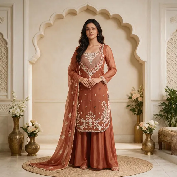 Rust_Shimmer_Fabric_Embroidered_Straight_Kurta_Palazzo_Dupatta_Set_For_Women