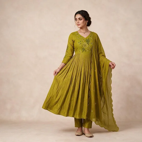Olive_Mul_Chanderi_Embroidered_Anarkali_Kurta_Pant_Dupatta_Set_For_Women