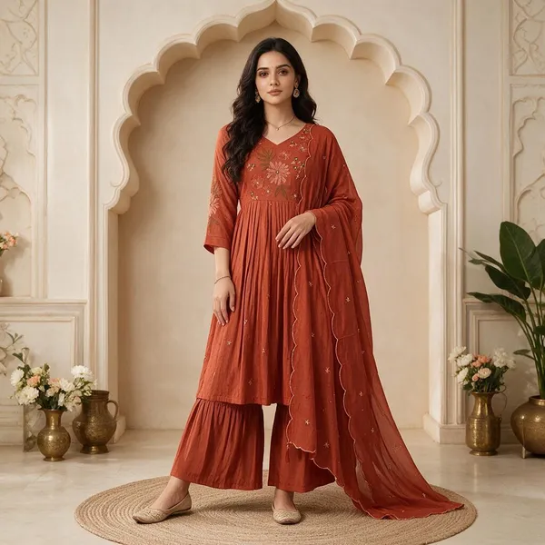 Red_Mul_Chanderi_Embroidered_Anarkali_Kurta_Bottom_Dupatta_Set_For_Women