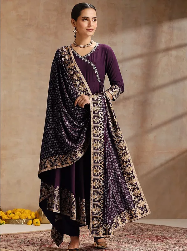 Purple_Heavy_Rayon_Anarkali_Kurta_Pant_Dupatta_Set_For_Women