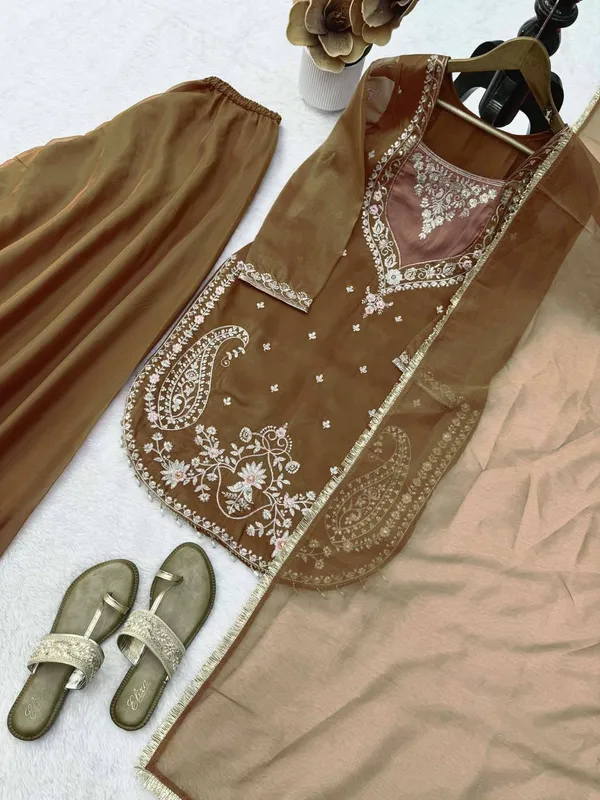 Brown_Shimmer_Embroidered_Kurta_Palazzo_Dupatta_Set_For_Women