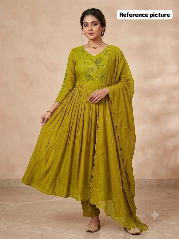 Olive_Mul_Chanderi_Embroidered_Anarkali_Kurta_Pant_Dupatta_Set_For_Women