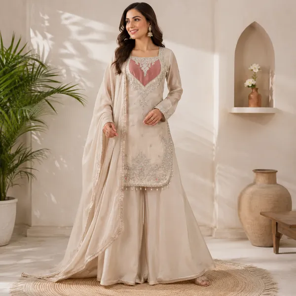 Cream_Shimmer_Fabric_Embroidered_Straight_Kurta_Sharara_Dupatta_Set_For_Women