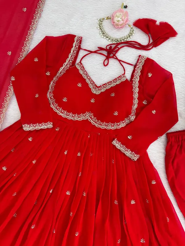 Red_Faux_Georgette_Embellished_Anarkali_Pant_Dupatta_Set_For_Women