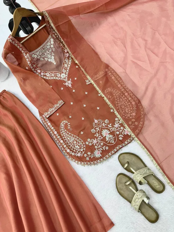 Rust_Shimmer_Fabric_Embroidered_Straight_Kurta_Palazzo_Dupatta_Set_For_Women