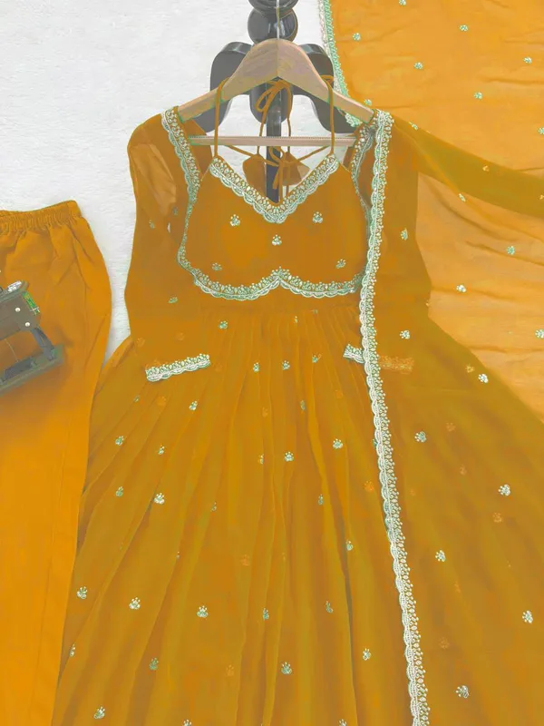 Mustard_Faux_Georgette_Embellished_Anarkali_Pant_Dupatta_Set_For_Women
