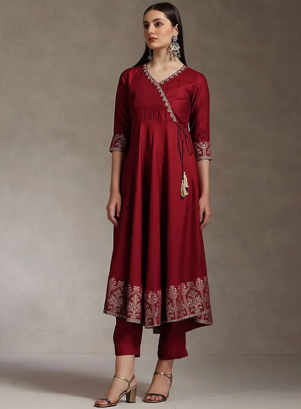Maroon_Heavy_Rayon_Printed_Anarkali_Kurta_Pant_Dupatta_Set_For_Women