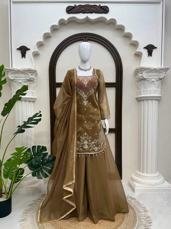 Brown_Shimmer_Embroidered_Kurta_Palazzo_Dupatta_Set_For_Women