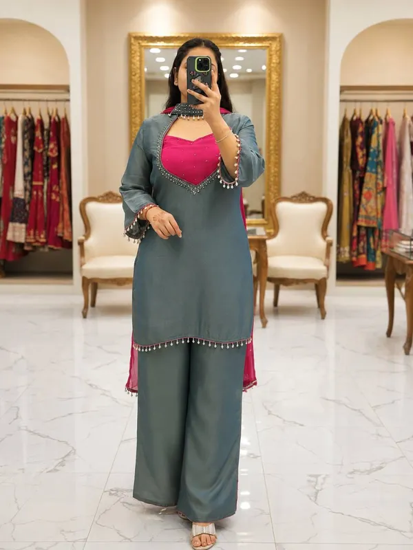 Teal_Roman_Glass_Silk_Embellished_Kurta_Palazzo_Dupatta_Set_For_Women