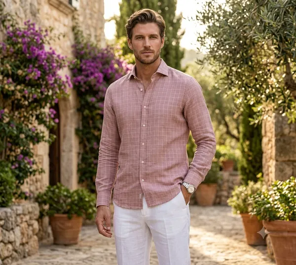 Men's_Dusty_Pink_Grid_Check_60_Lea_Pure_European_Linen_Unstitched_Shirt_&_Pant_Fabric_Combo_Pack_Premium_Breathable_Linen_Shirting_&_Suiting_Fabric_Material_Length_for_Men_Formal_&_Casual_Wear