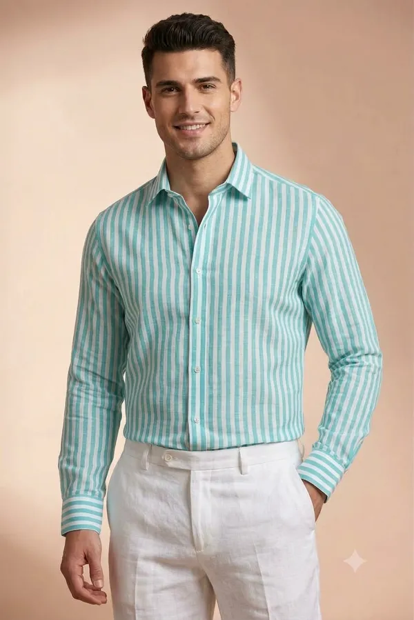 Men's_Sea_Green_Vertical_Striped_Pure_European_Linen_Unstitched_Shirt_&_Pant_Fabric_Combo_Pack_Premium_Breathable_Linen_Shirting_&_Suiting_Fabric_Material_Length_for_Men_Formal_&_Casual_Wear