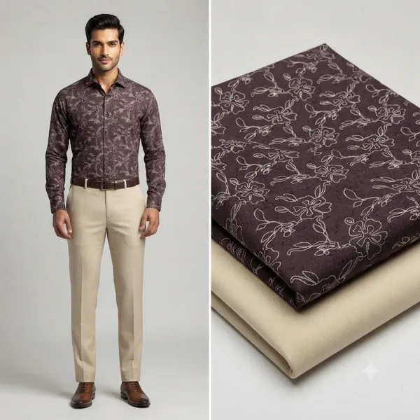 Men's_Unstitched_Burgundy_Floral_Printed_Shirt_and_Beige_Solid_Trouser_Combo_Fabric_Material_Set_for_Formal_and_Casual_Wear