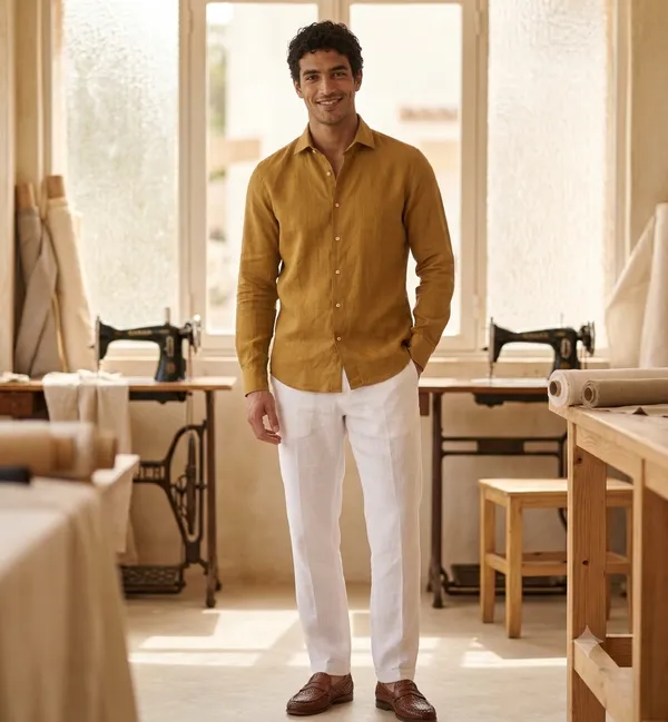 Premium_100%_Pure_Linen_Unstitched_Shirt_and_Trouser_Fabric_Combo_Set_for_Men_Mustard_Yellow_Shirting_and_White_Pant_Material_Fine_Breathable_Lightweight_Cloth_for_Casual_Formal_Wear_Kurtas_Suit