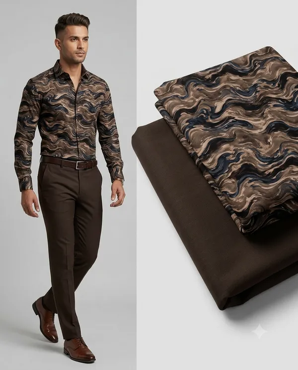 Shiva_Textile_Men's_Unstitched_Shirt_&_Trouser_Fabric_Combo_Set_|_Premium_Abstract_Fluid_Wavy_Printed_Shirting_&_Dark_Coffee_Brown_Plain_Suiting_Cloth_Material_for_Formal_Casual_Wear_Tailoring_&_Gifting