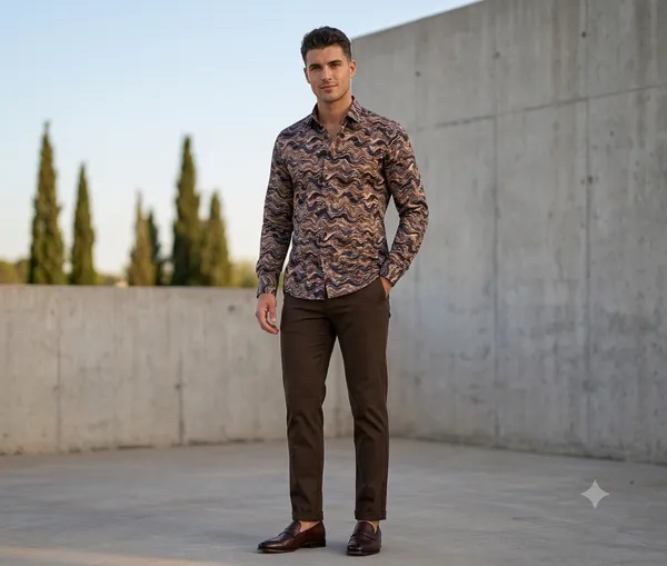 Shiva_Textile_Men's_Unstitched_Shirt_&_Trouser_Fabric_Combo_Set_|_Premium_Abstract_Fluid_Wavy_Printed_Shirting_&_Dark_Coffee_Brown_Plain_Suiting_Cloth_Material_for_Formal_Casual_Wear_Tailoring_&_Gifting
