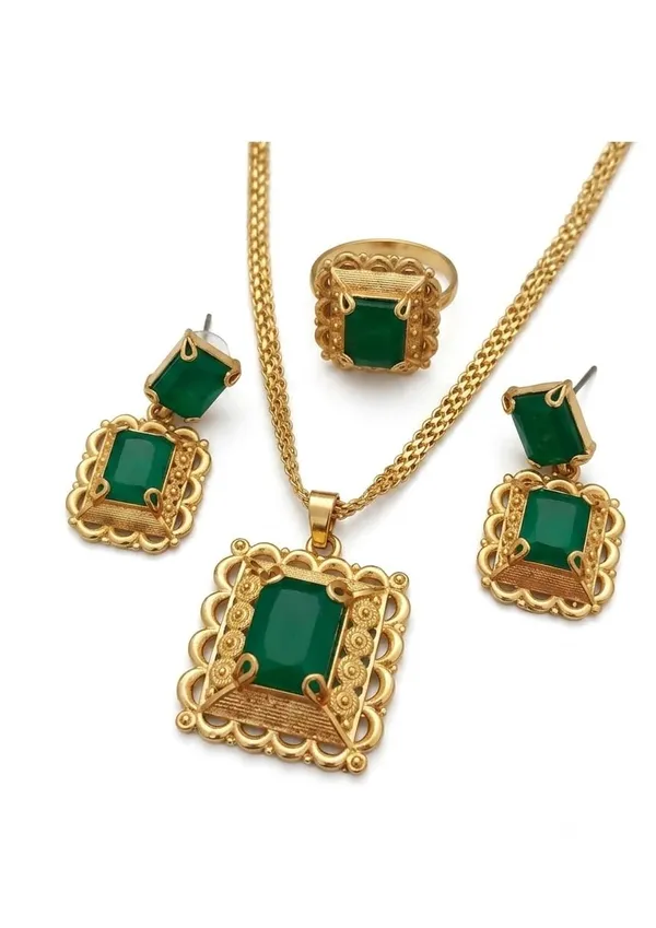 Green_And_Gold_Plated_Alloy_Pendant_Necklace_Set_For_Women