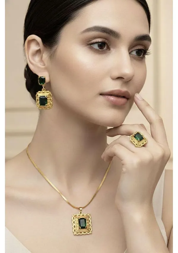Green_And_Gold_Plated_Alloy_Pendant_Necklace_Set_For_Women