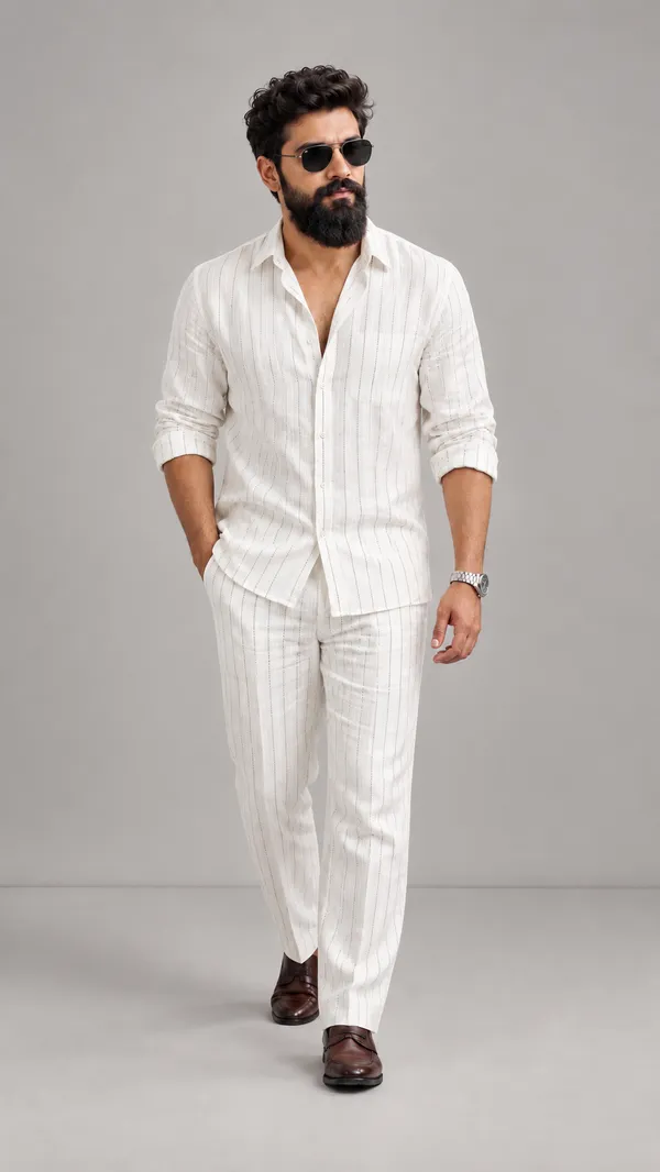 White_Linen_Blend_Striped_Shirt_And_Trousers_Set_For_Men