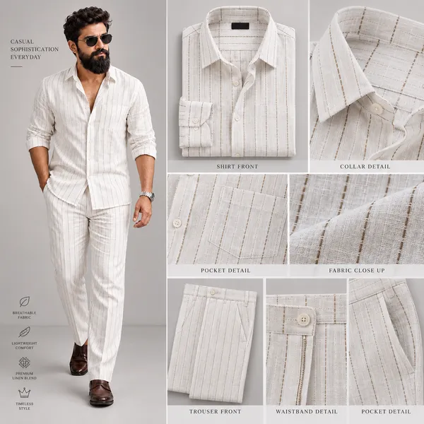 White_Linen_Blend_Striped_Shirt_And_Trousers_Set_For_Men