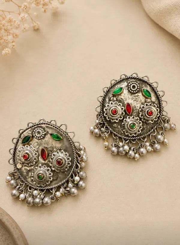 Oxidised_Silver_Kashmiri-Style_Multi-Stone_Stud