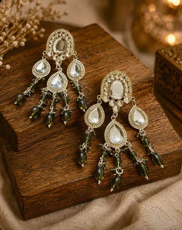 Gold-Plated_Kundan_and_Olive_Green_Beaded_Statement_Dangler_Earrings