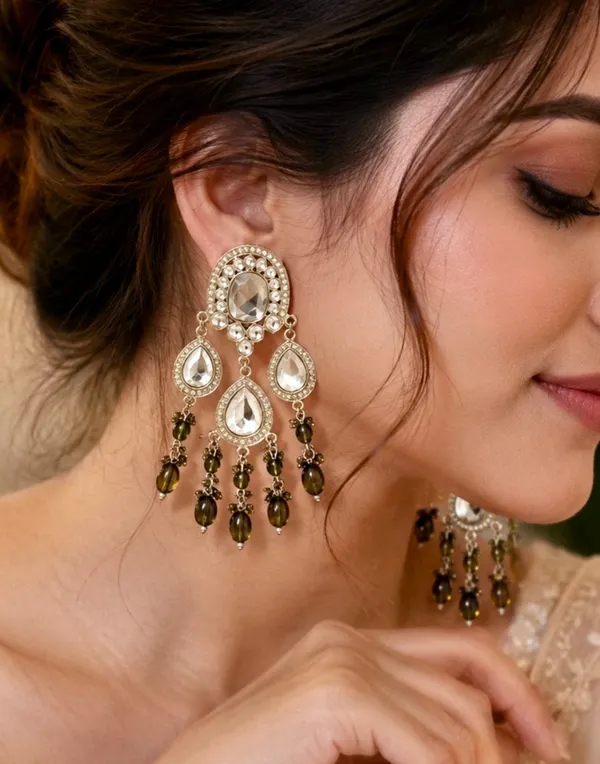 Gold-Plated_Kundan_and_Olive_Green_Beaded_Statement_Dangler_Earrings