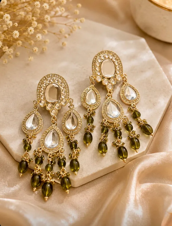 Gold-Plated_Kundan_and_Olive_Green_Beaded_Statement_Dangler_Earrings