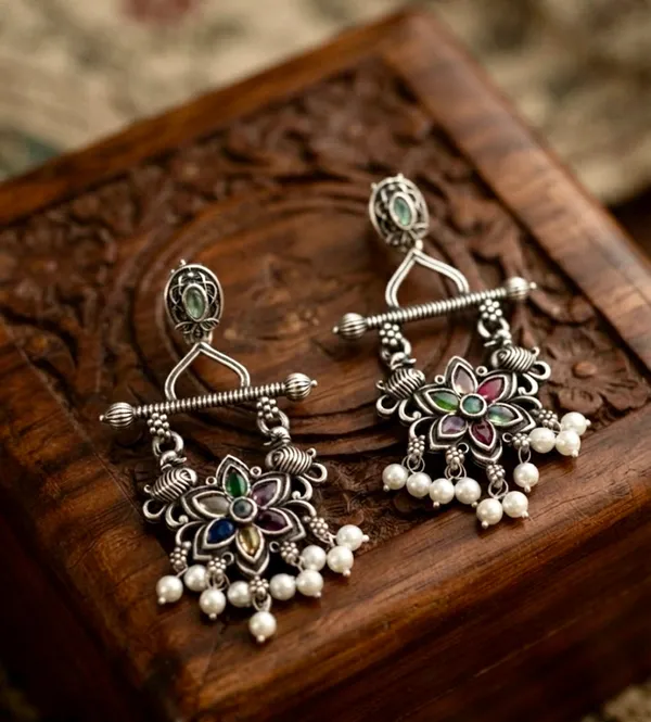 Tribal_Lotus_Meenakari_Oxidised_Statement_Earrings